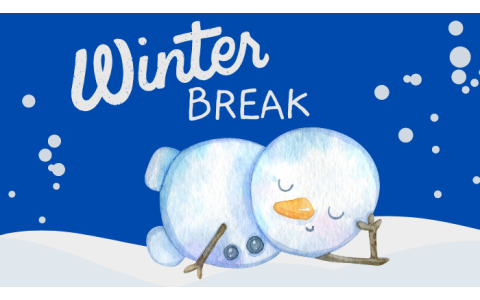 Snowman laying on side with text 'Winter Break'